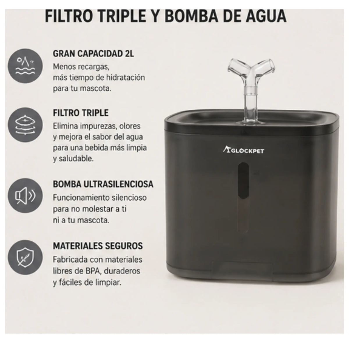 Fuente de Agua Inteligente para Mascotas 2L – Filtración Triple y Circulación Continua Mas que mascotas