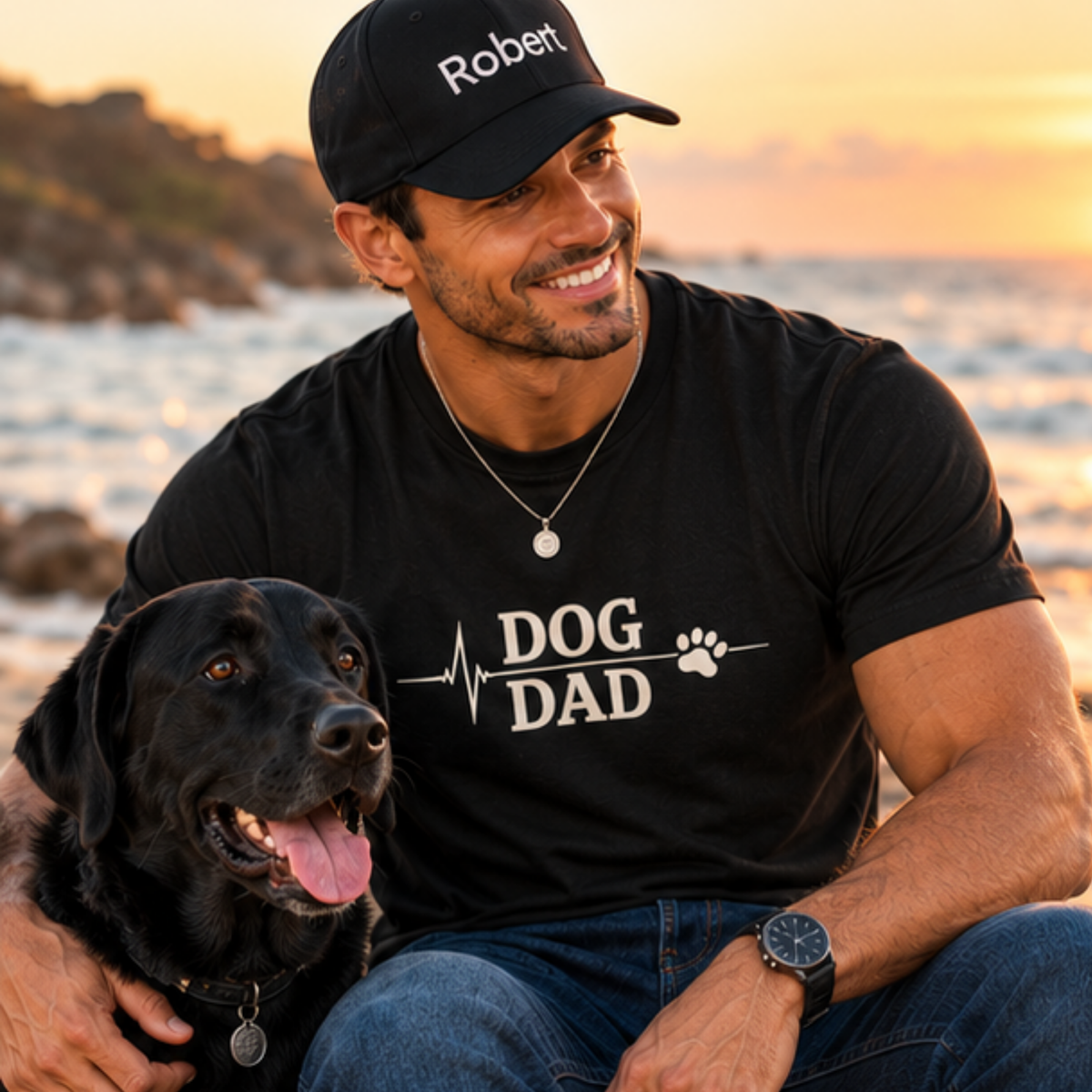 Hombre sonriendo con su perro negro, vistiendo una camiseta negra Dog Dad en la playa al atardecer.