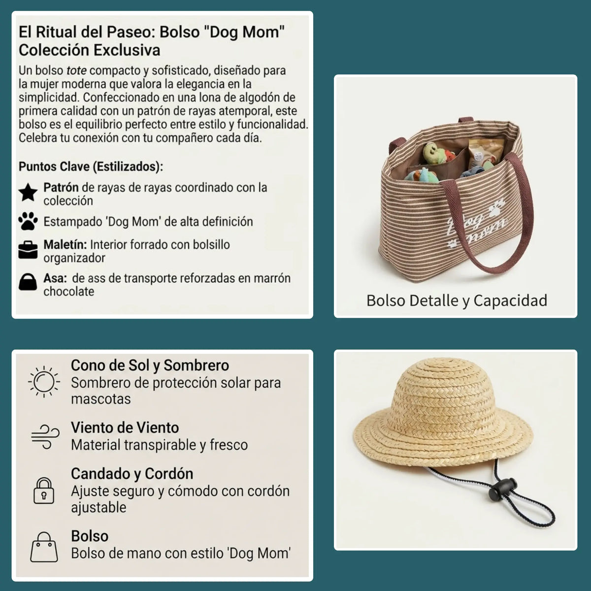 Conjunto a juego con mi perro: Sombrero de sol transpirable y Bolso de mano Dog Mom Mas que mascotas