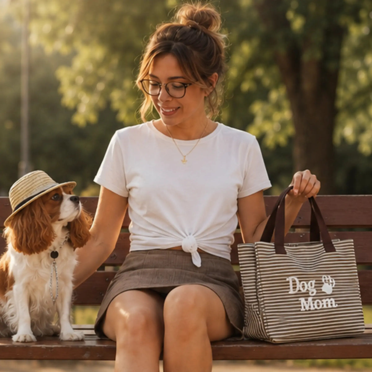 Conjunto a juego con mi perro: Sombrero de sol transpirable y Bolso de mano Dog Mom Mas que mascotas
