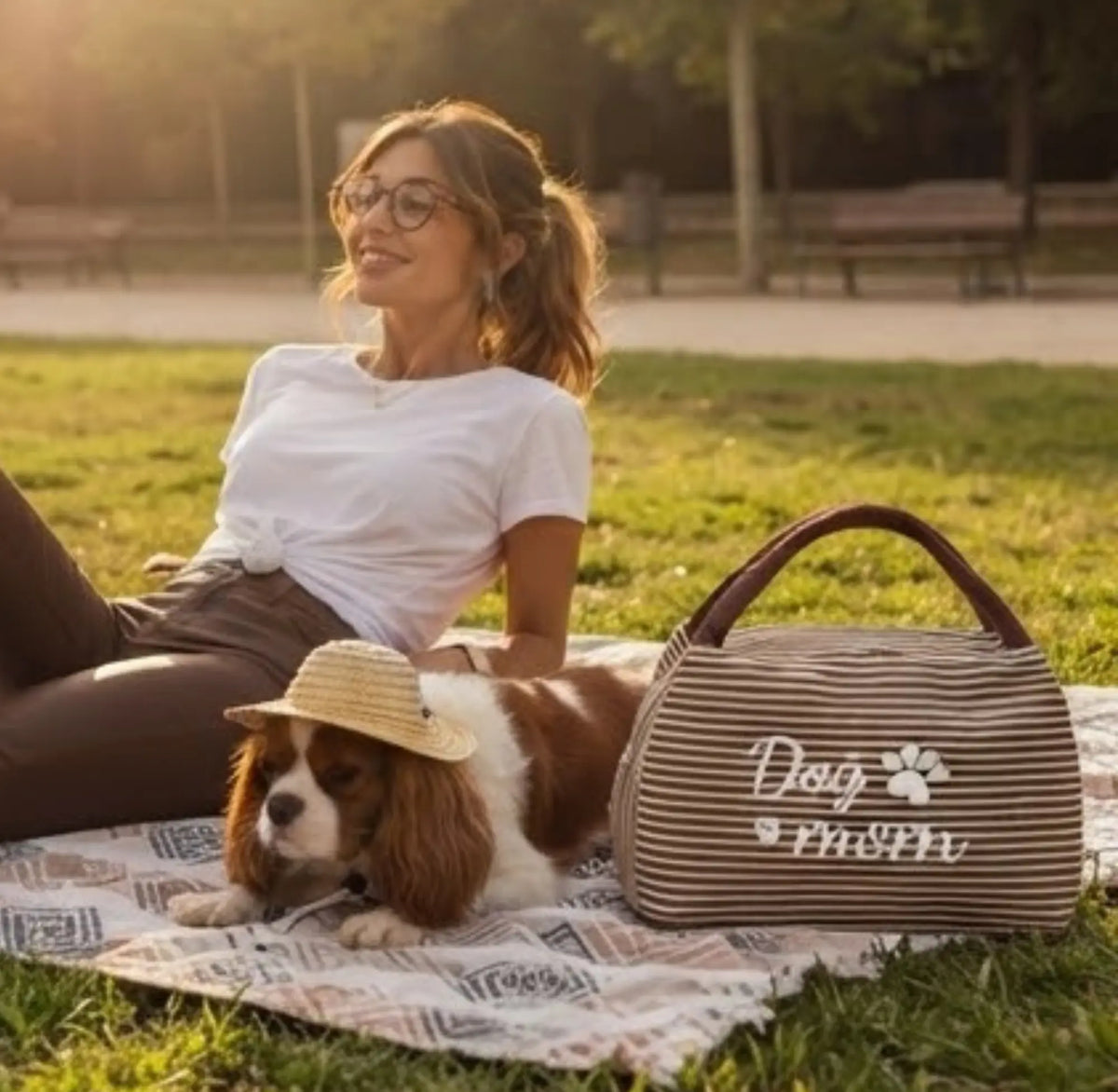 Conjunto a juego con mi perro: Sombrero de sol transpirable y Bolso de mano Dog Mom Mas que mascotas