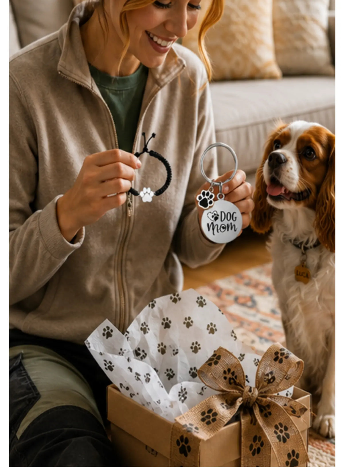 Kit "Regalo con Huella": Pulsera y Llavero Dog Mom - Mas que mascotas